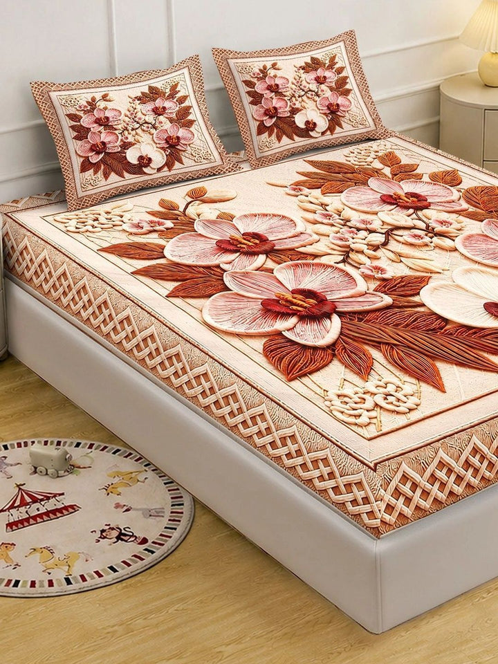 KLOTTHE Multicoloured Floral 400 TC King Bedsheet with 2 Pillow Covers