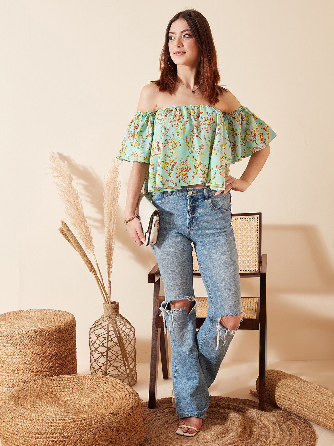 Berrylush Green Floral Printed Off-Shoulder Bardot Crop Top