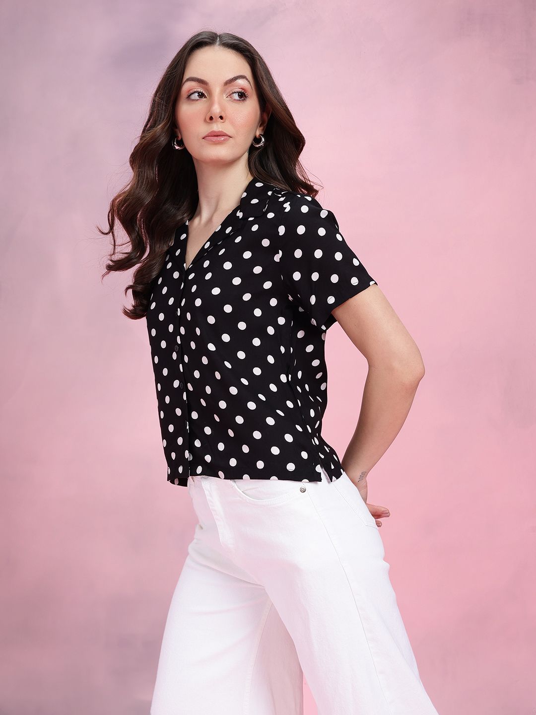 DressBerry Polka Dots Print Cuban Collar Opaque Casual Shirt