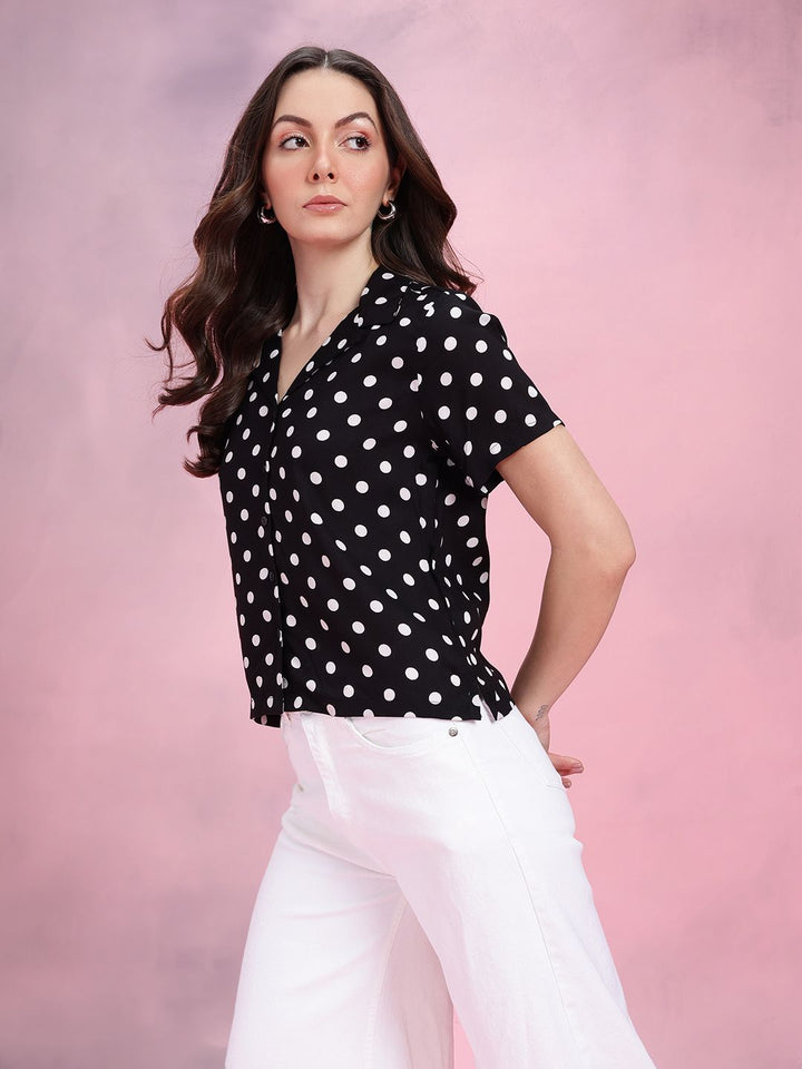 DressBerry Polka Dots Print Cuban Collar Opaque Casual Shirt