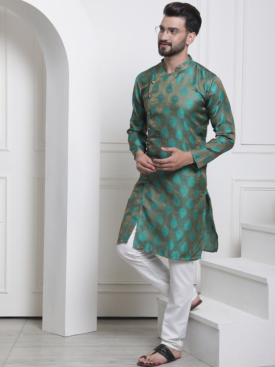 SOJANYA mandarin Kolar Motif Etnik Benang Kerja Kurta