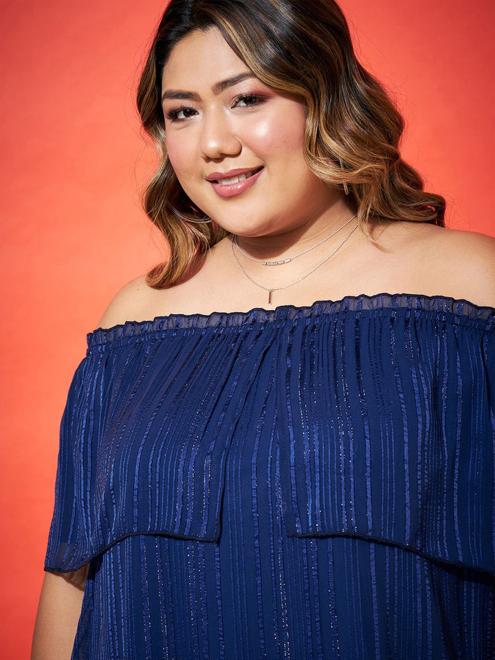 SASSAFRAS Curve Navy Blue Plus Size Vertical Stripes Off-Shoulder Cape Sleeves Bardot Top