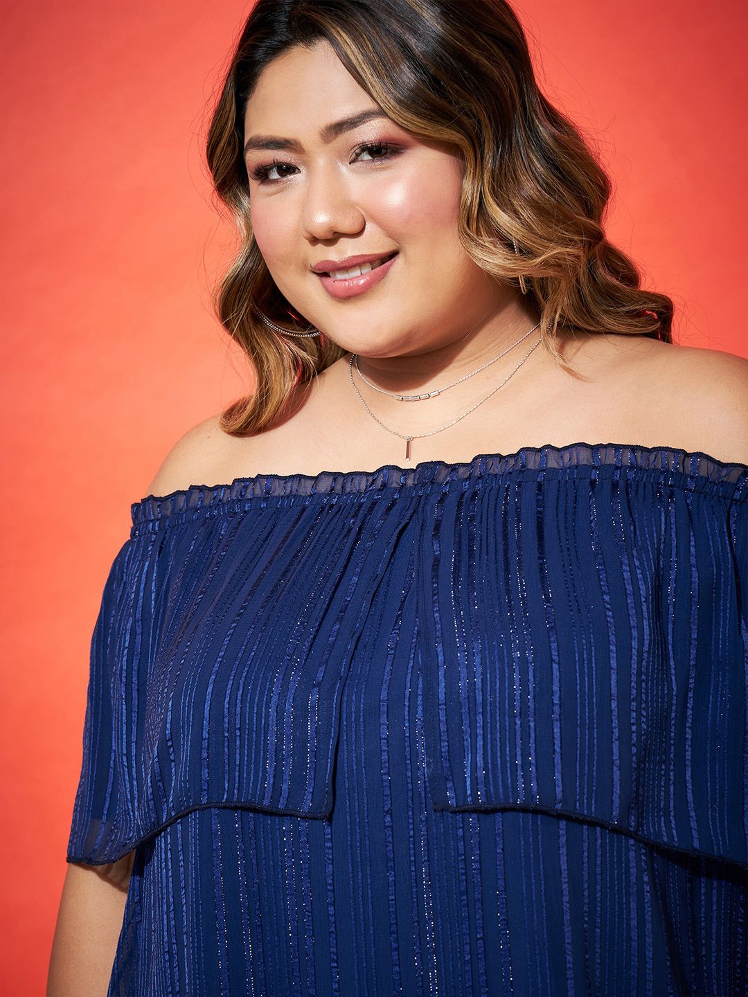 SASSAFRAS Curve Navy Blue Plus Size Vertical Stripes Off-Shoulder Cape Sleeves Bardot Top