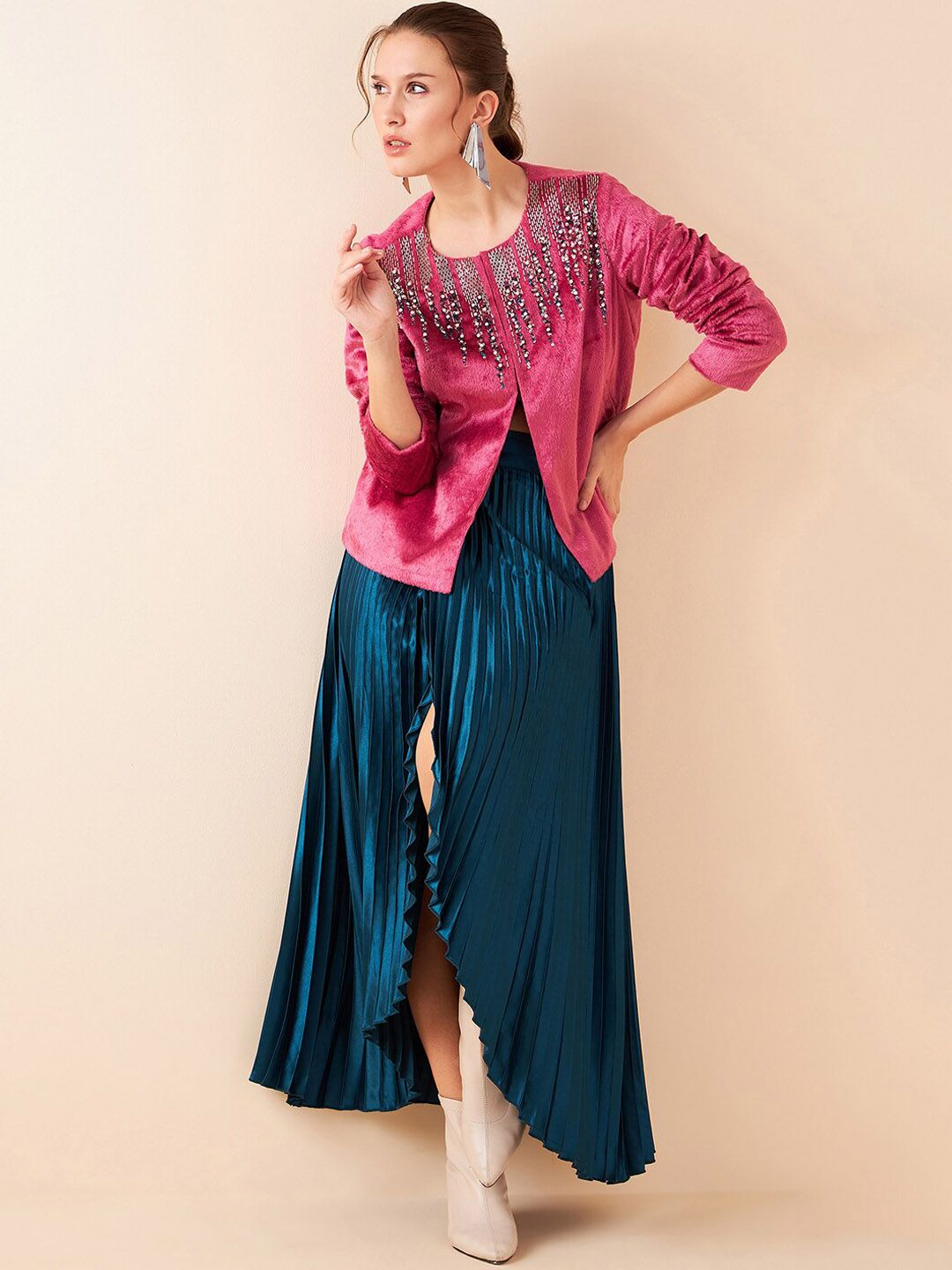 Antheaa Pink Embellished Top With Skirt