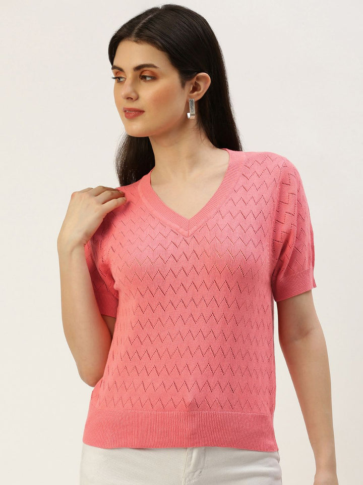 AND V-Neck Knitted Self Design Short Sleeves Top