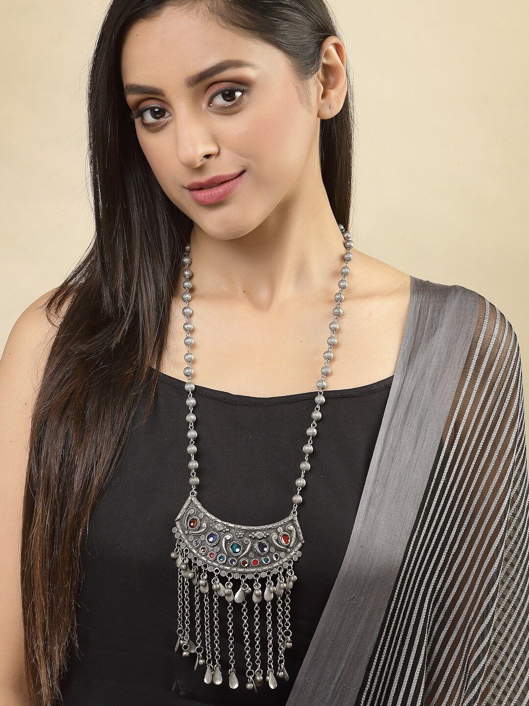 PANASH German Silver Silver-Plated Stones Studded Oxidised Necklace