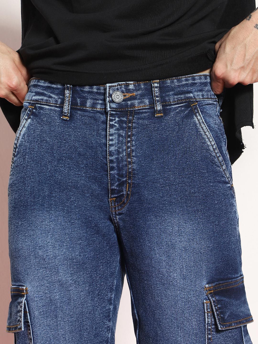 Urbano Fashion Men Blue Regular Fit Washed Cargo Jeans