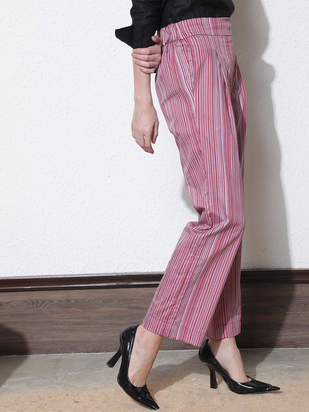 RAREISM Women Striped Slim Fit High-Rise Cotton Trousers