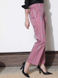 RAREISM Women Striped Slim Fit High-Rise Cotton Trousers
