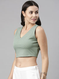 Global Desi Sage Green Geometric Print Sleeveless Blouson Crop Top