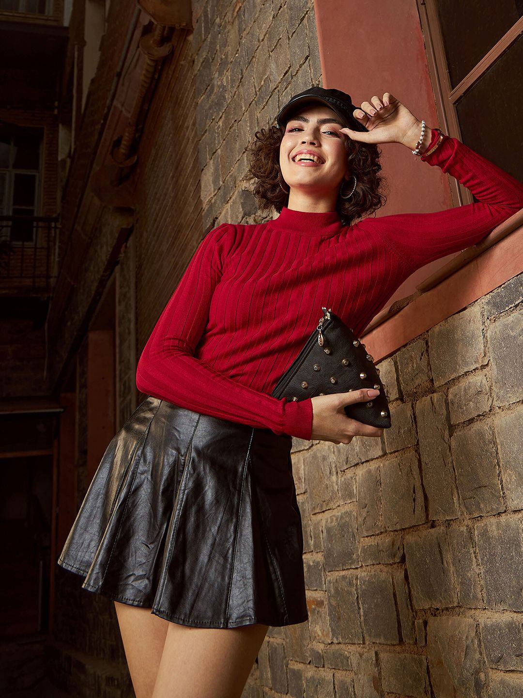SASSAFRAS Red Ribbed High Neck Nylon Pullover Sweater