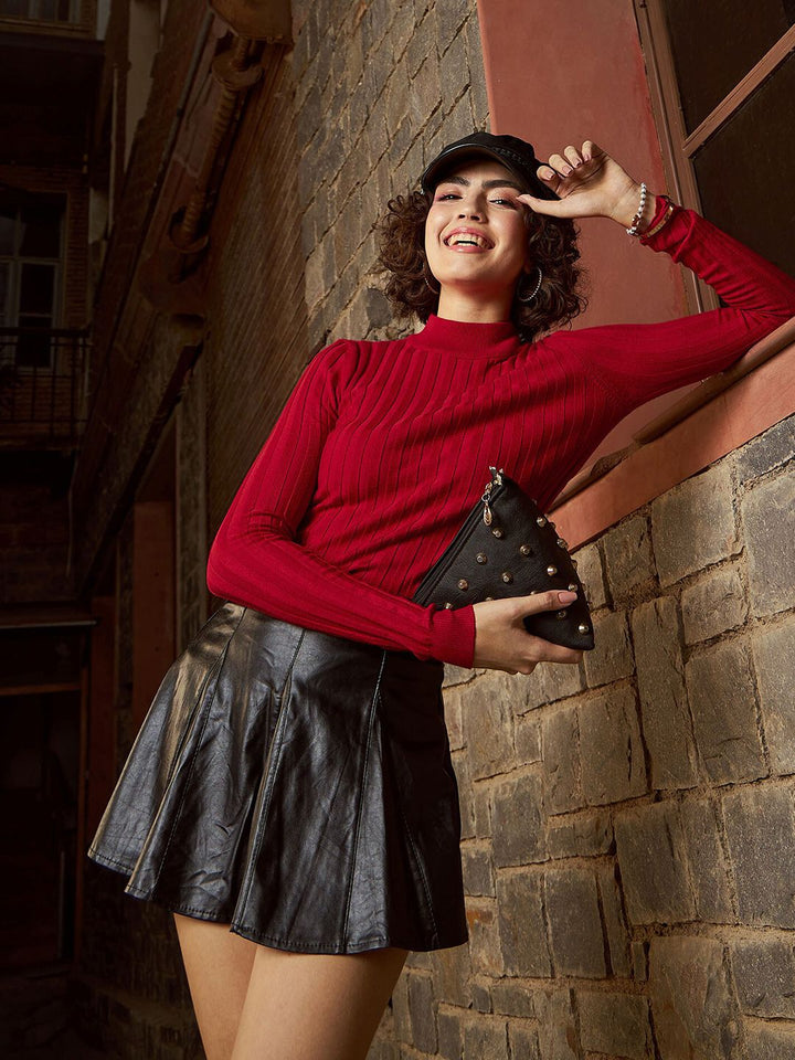 SASSAFRAS Red Ribbed High Neck Nylon Pullover Sweater