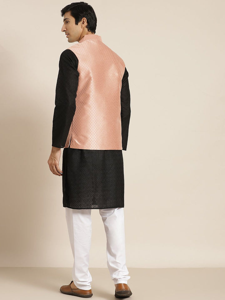 SOJANYA Men Black Ethnic Motifs Chikankari Pure Cotton Kurta with Churidar & Nehru Jacket