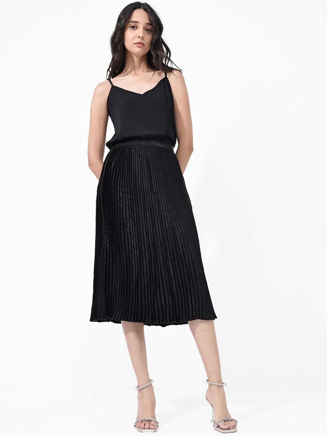 RAREISM Accordion Pleated Flared Midi Skirt