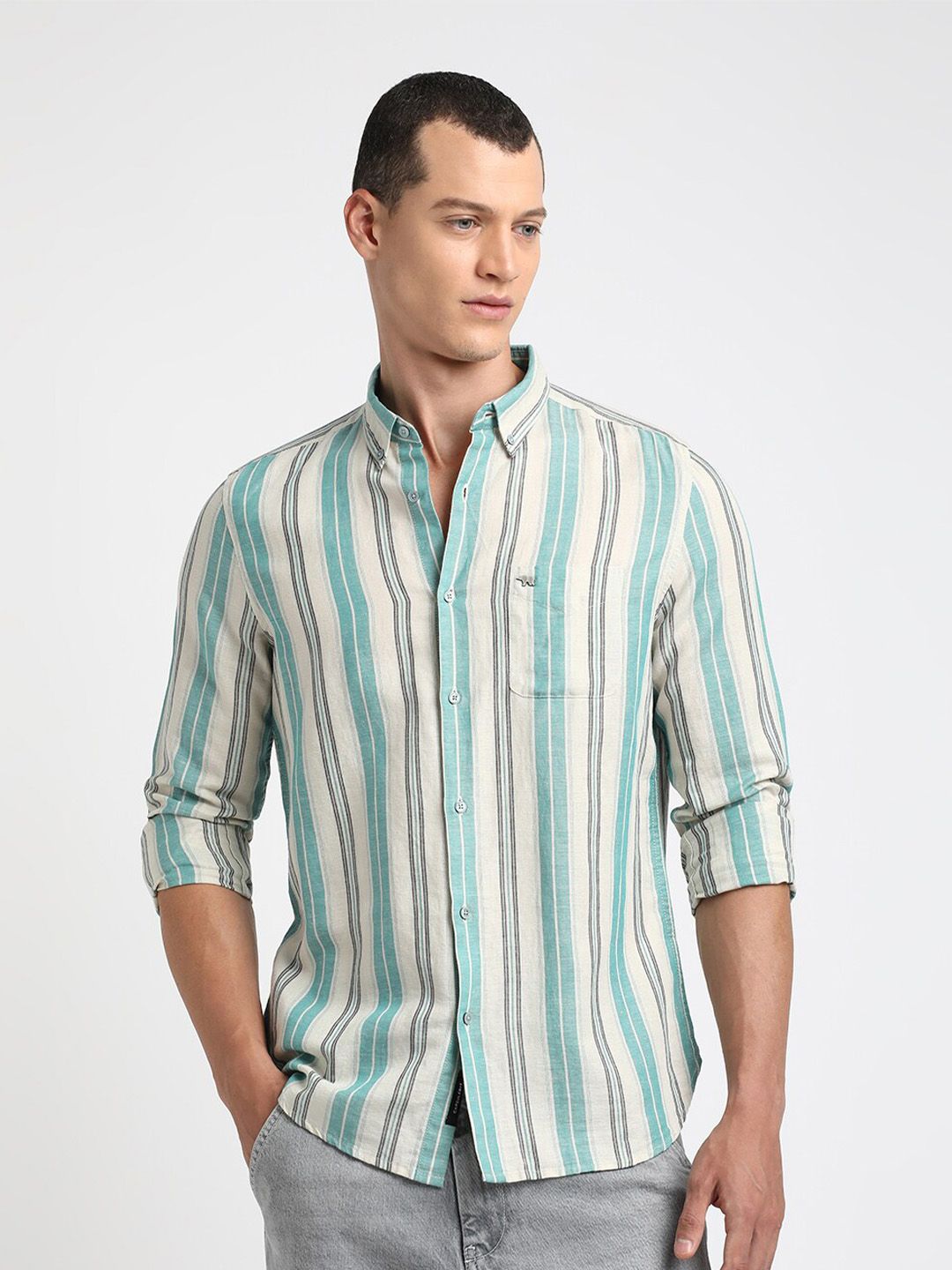 THE BEAR HOUSE Button-Down Collar Slim Fit Striped Casual Cotton Linen Shirt