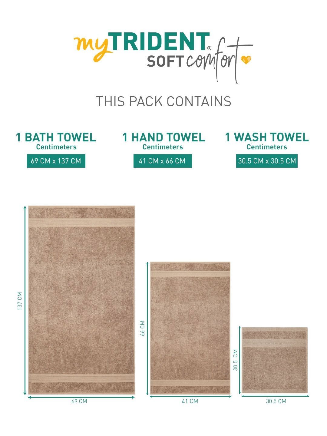 MYTRIDENT Soft Comfort Brown 3 Pieces Pure Cotton 500 GSM Towel Set