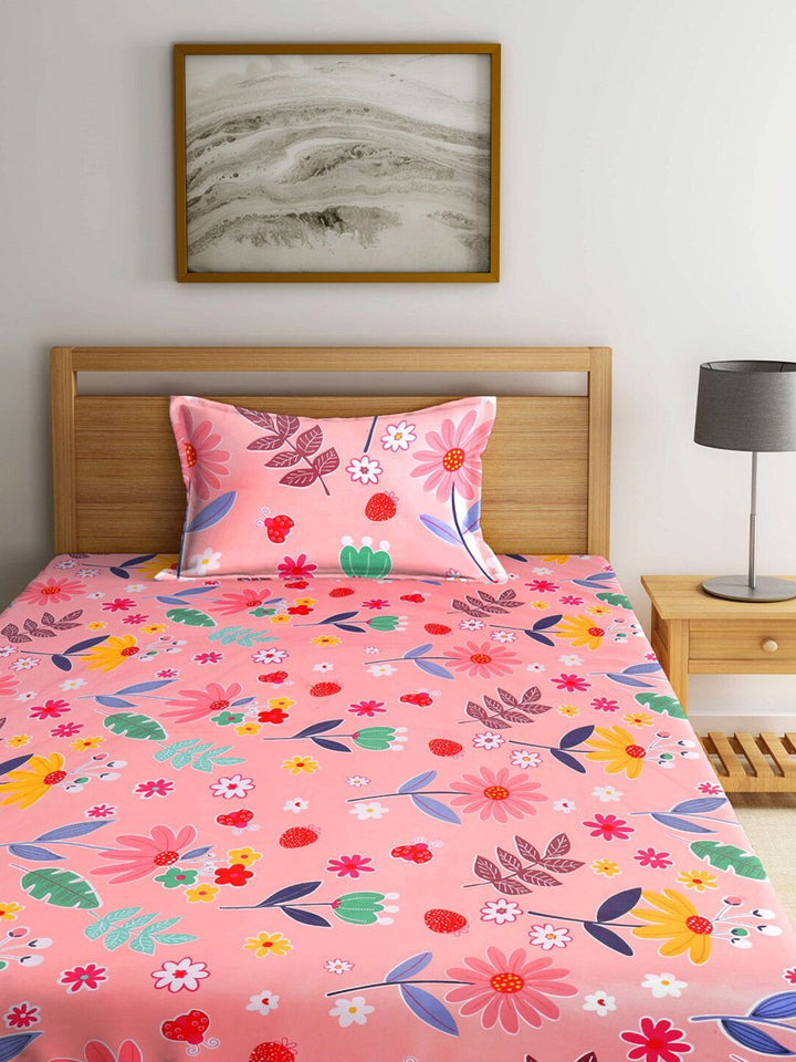 KLOTTHE Pink & Yellow Floral 300 TC Single Cotton Blend Cadar dengan 1 Sarung Bantal