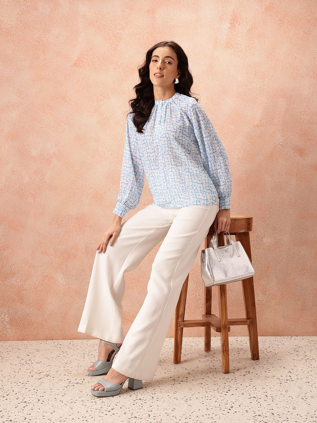 all about you Floral Print Mandarin Collar Puff Sleeve Top