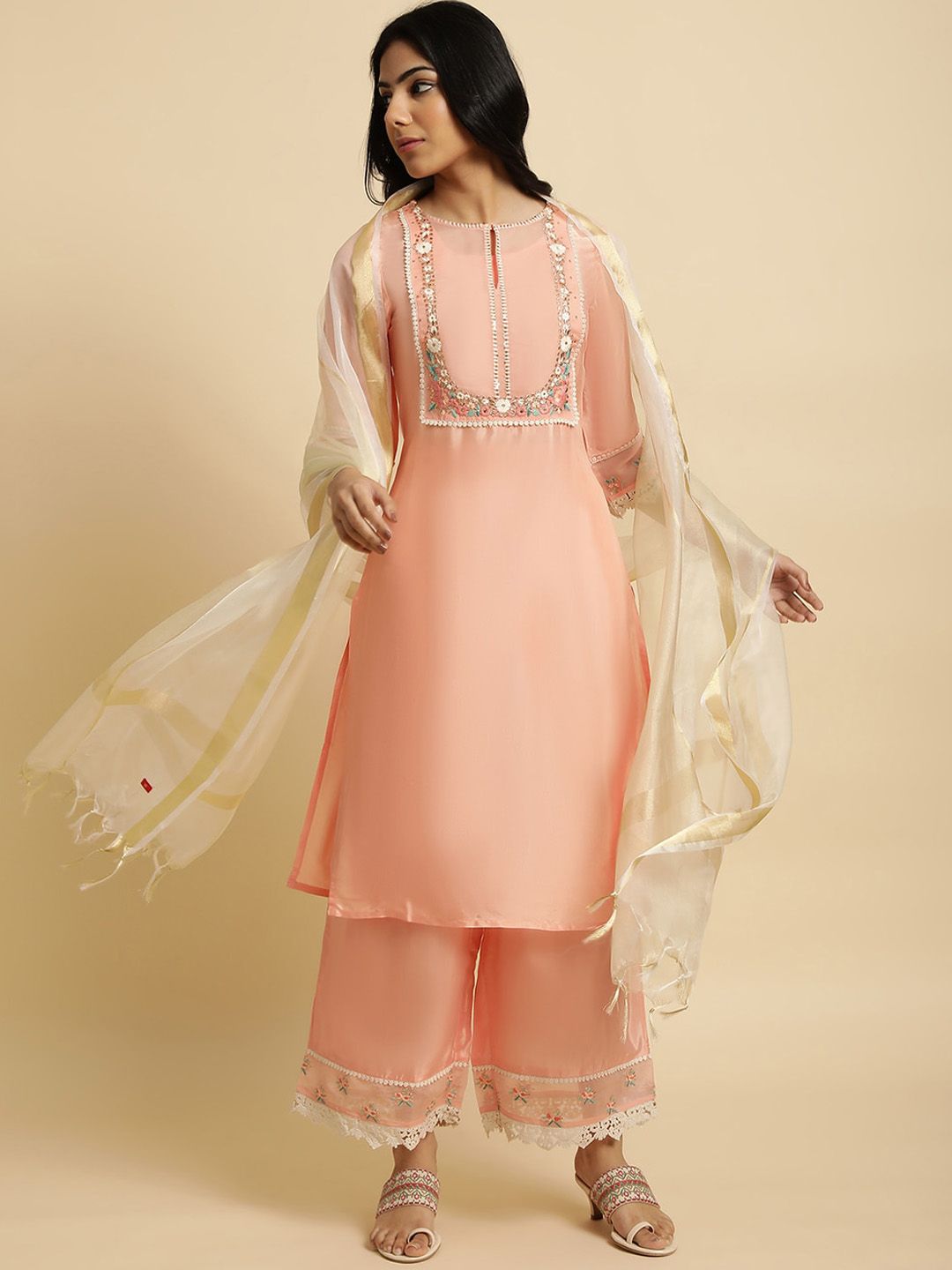 W Floral Embroidered Regular Thread Work Kurta with Palazzos & Dupatta