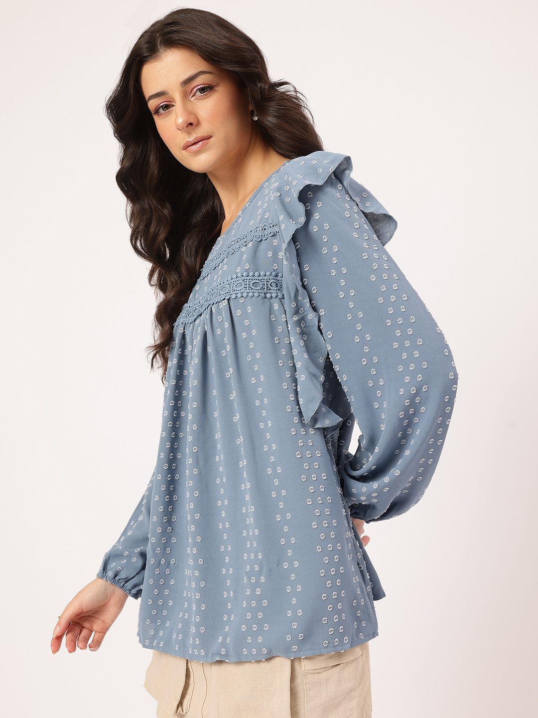 DressBerry Cozy Kawaii Dobby Weave Lace Inserts Ruffled Top
