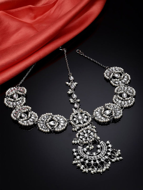 KARATCART Silver-Plated White Kundan-Studded & Beaded Mathapatti