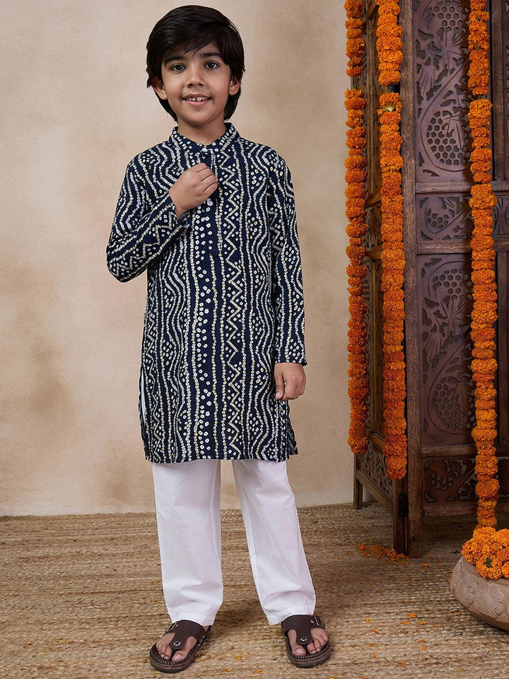 pspeaches Boys Bandhani Printed Band Collar Kurta with Pyjamas