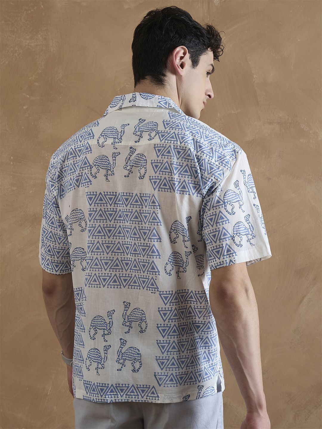 DENNISON Men Off White and Blue Hand Block Printed Shirt