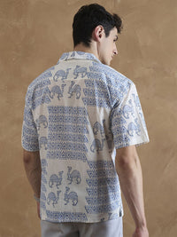 DENNISON Men Off White and Blue Hand Block Printed Shirt