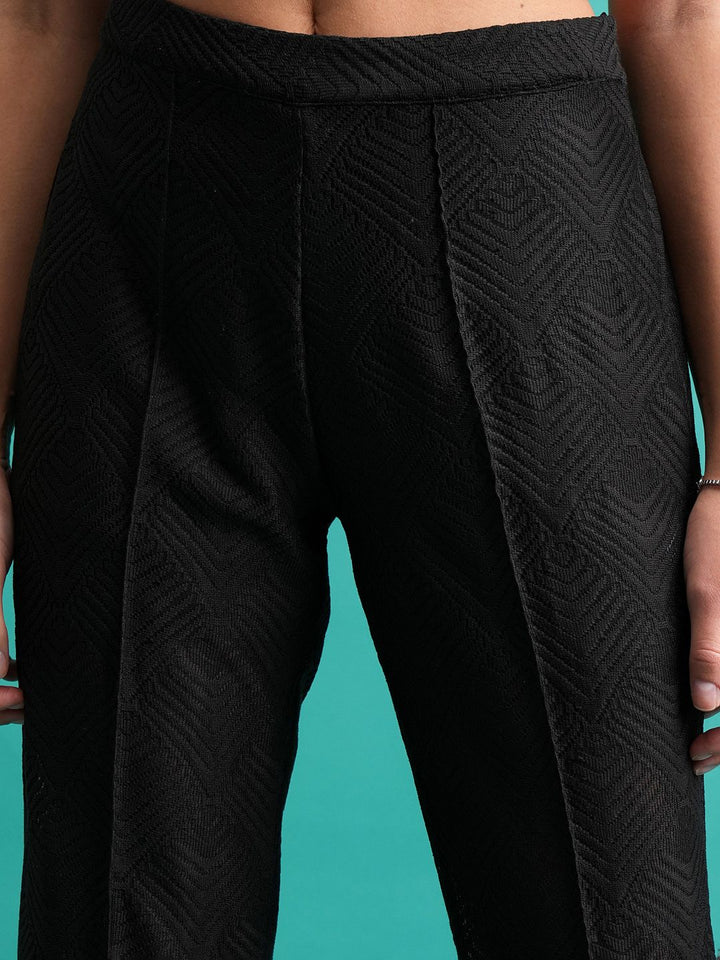 Tokyo Talkies Black Self Design Crochet Shirt With Flared Trouser Co-Ords
