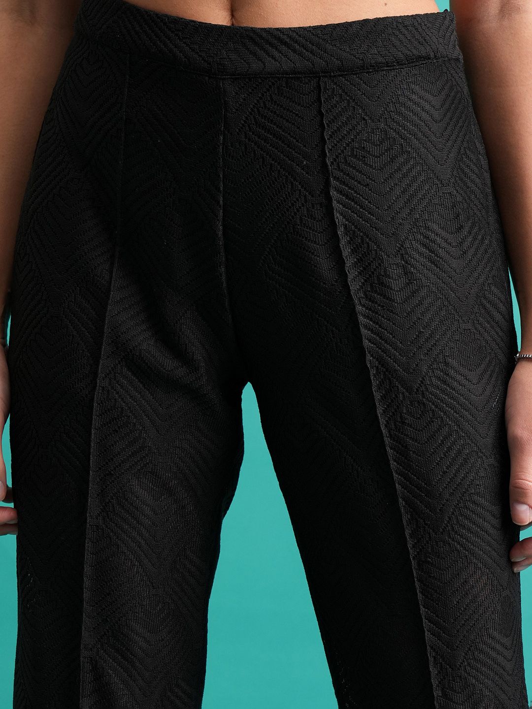 Tokyo Talkies Black Self Design Crochet Shirt With Flared Trouser Co-Ords