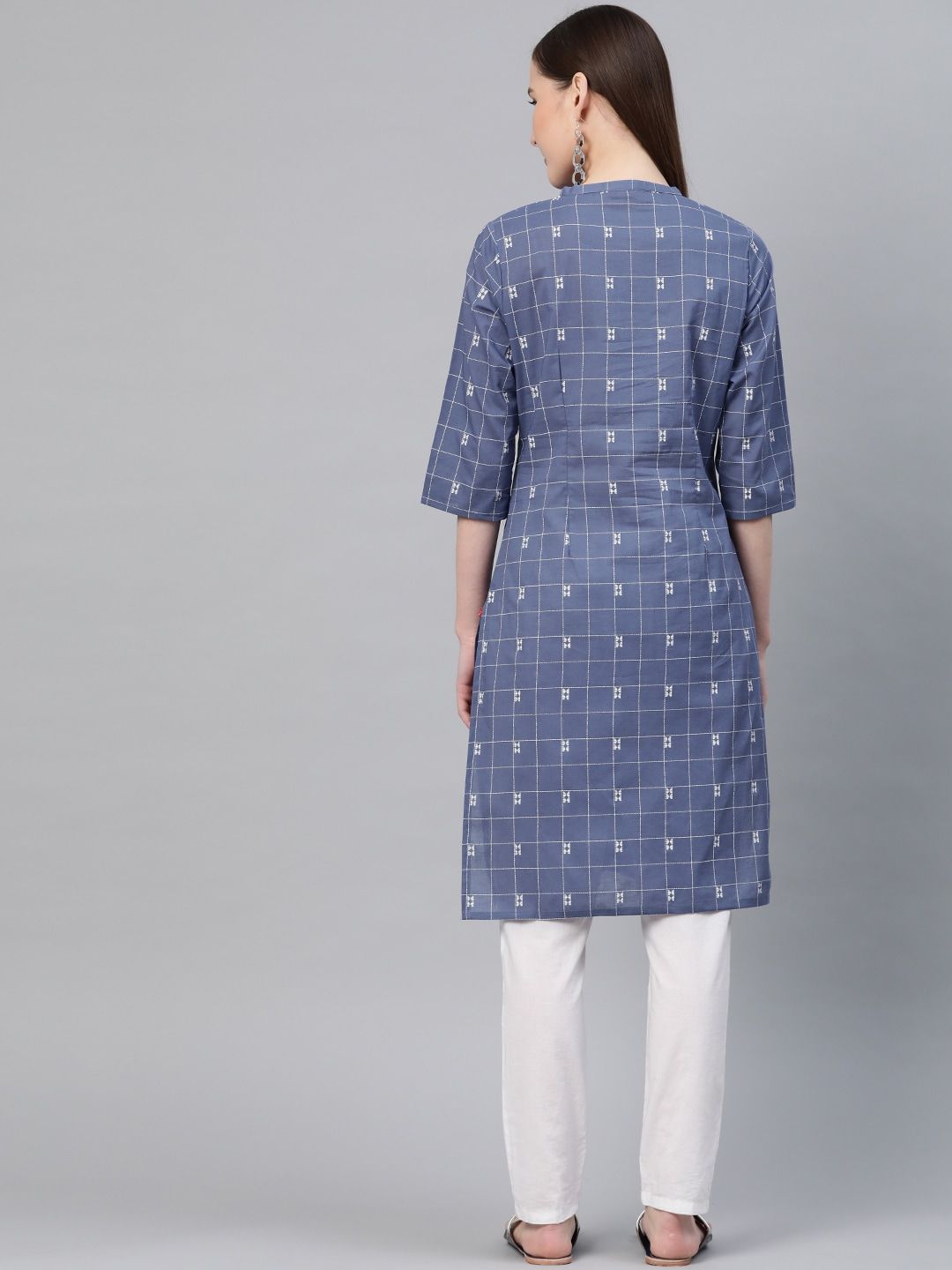 W Women Checked & Printed Cotton Straight Kurta