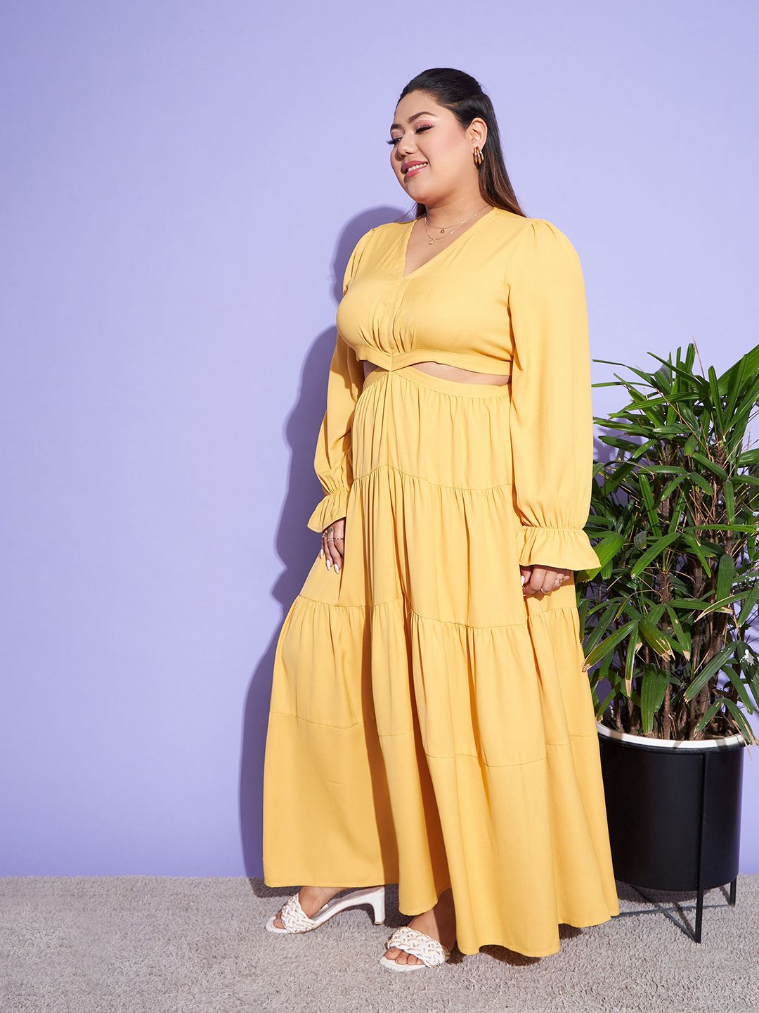 SASSAFRAS Curve Mustard Yellow Plus Size Cut-Out Detail Puff Sleeves Tiered Maxi Dress