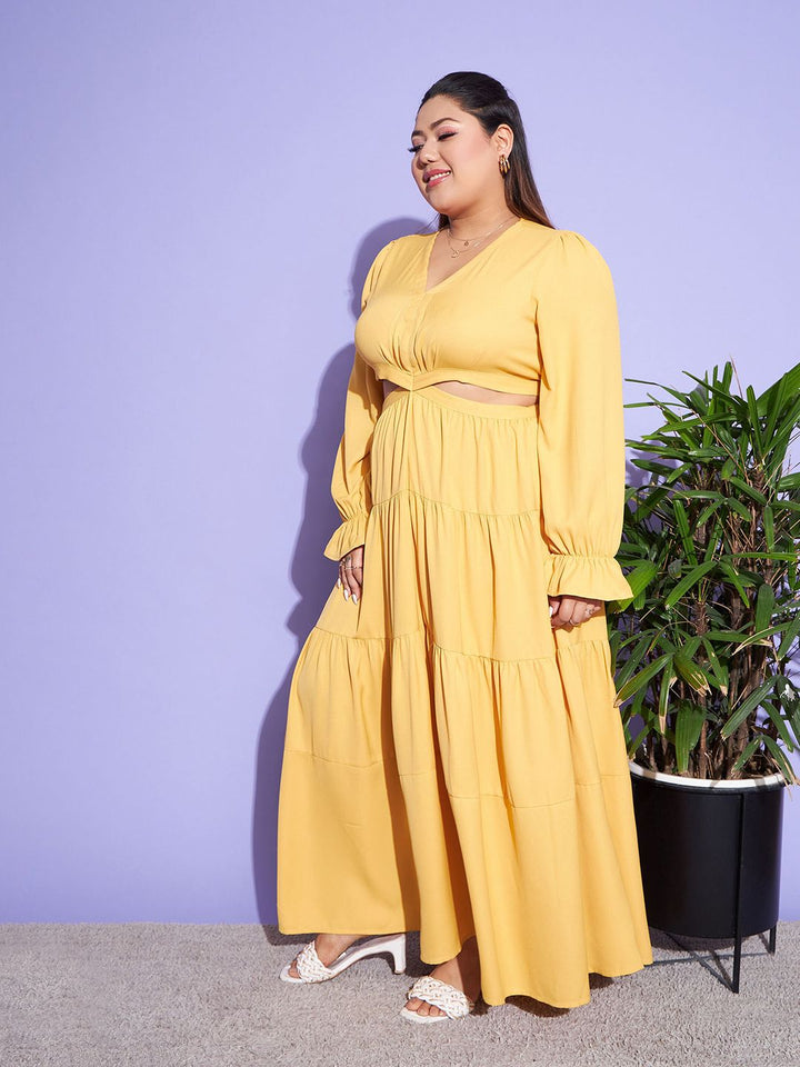 SASSAFRAS Curve Mustard Yellow Plus Size Cut-Out Detail Puff Sleeves Tiered Maxi Dress