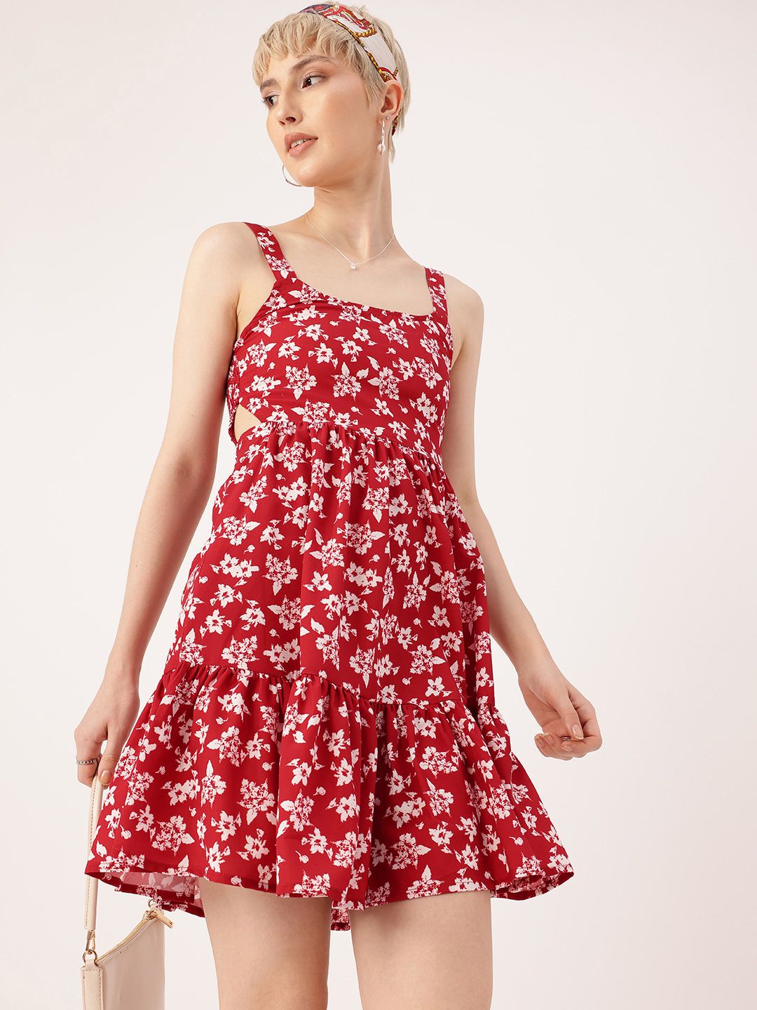 DressBerry Classy Chic Floral Printed Cut-Outs Smocked A-Line Mini Dress