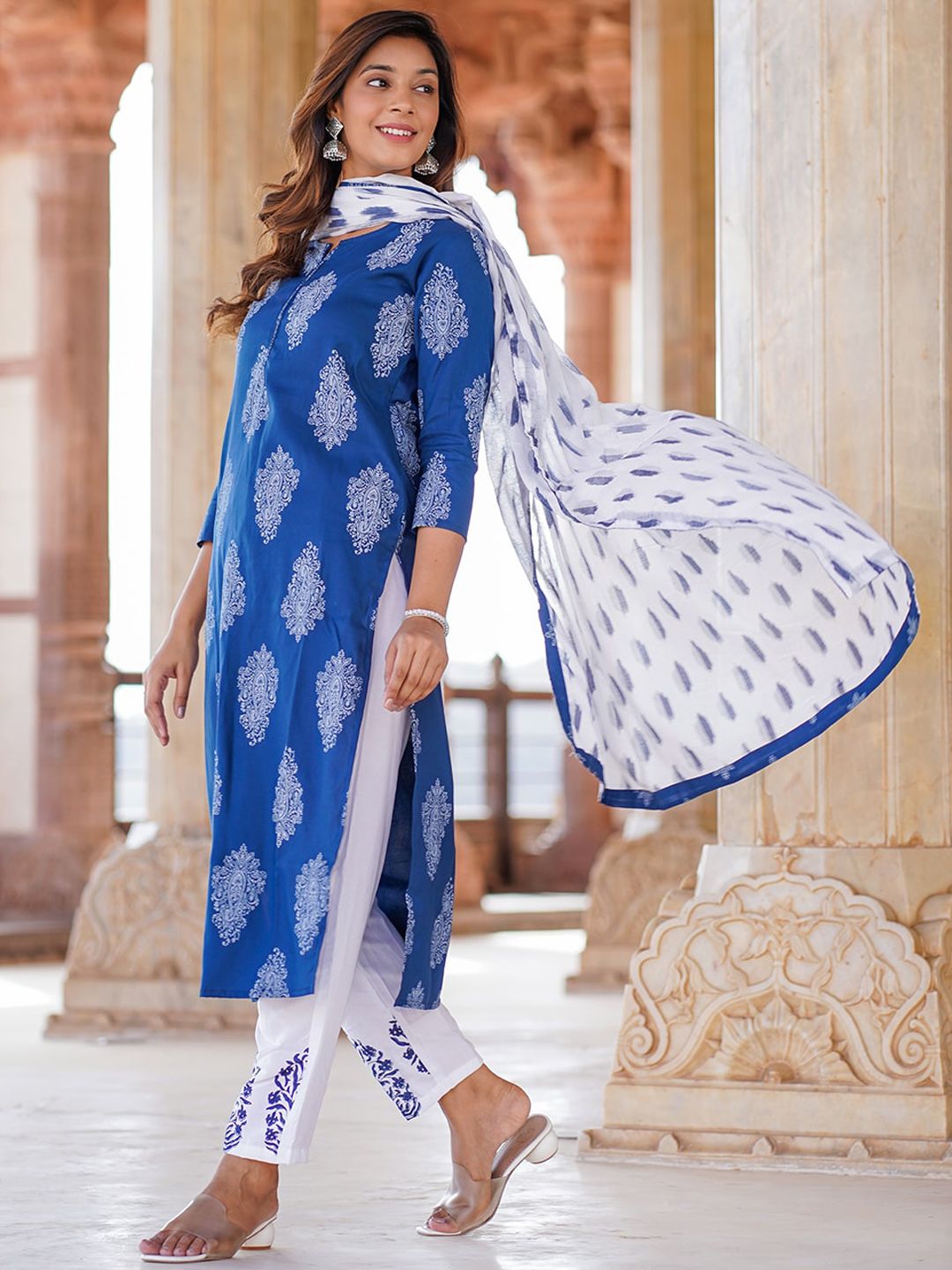 KALINI Paisley Printed Straight Kurta With Trousers & Dupatta