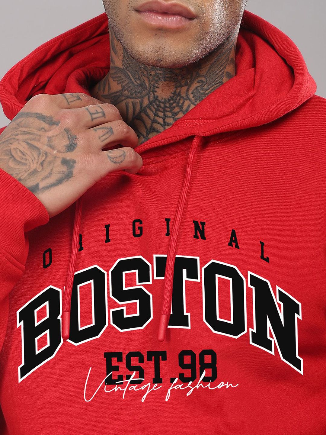 ADRO Men Typography Printed Hood Cotton Pullover Ribbed Sweatshirt