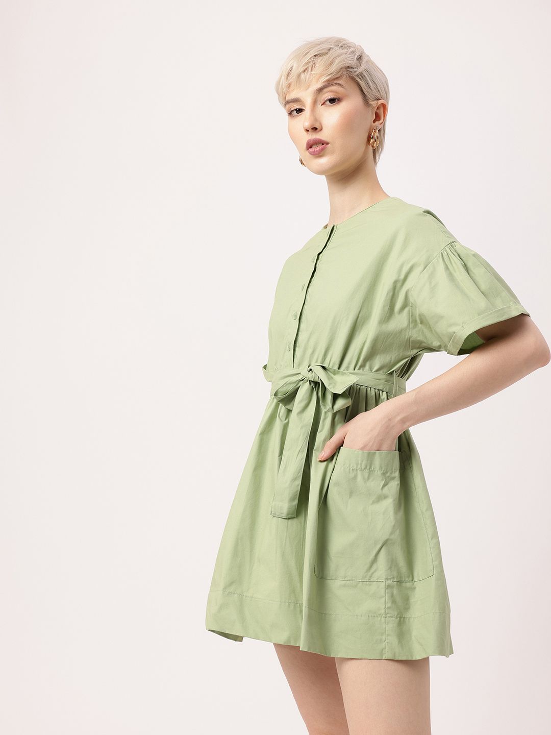 DressBerry Box Pockets A-Line Mini Dress With Fabric Belt