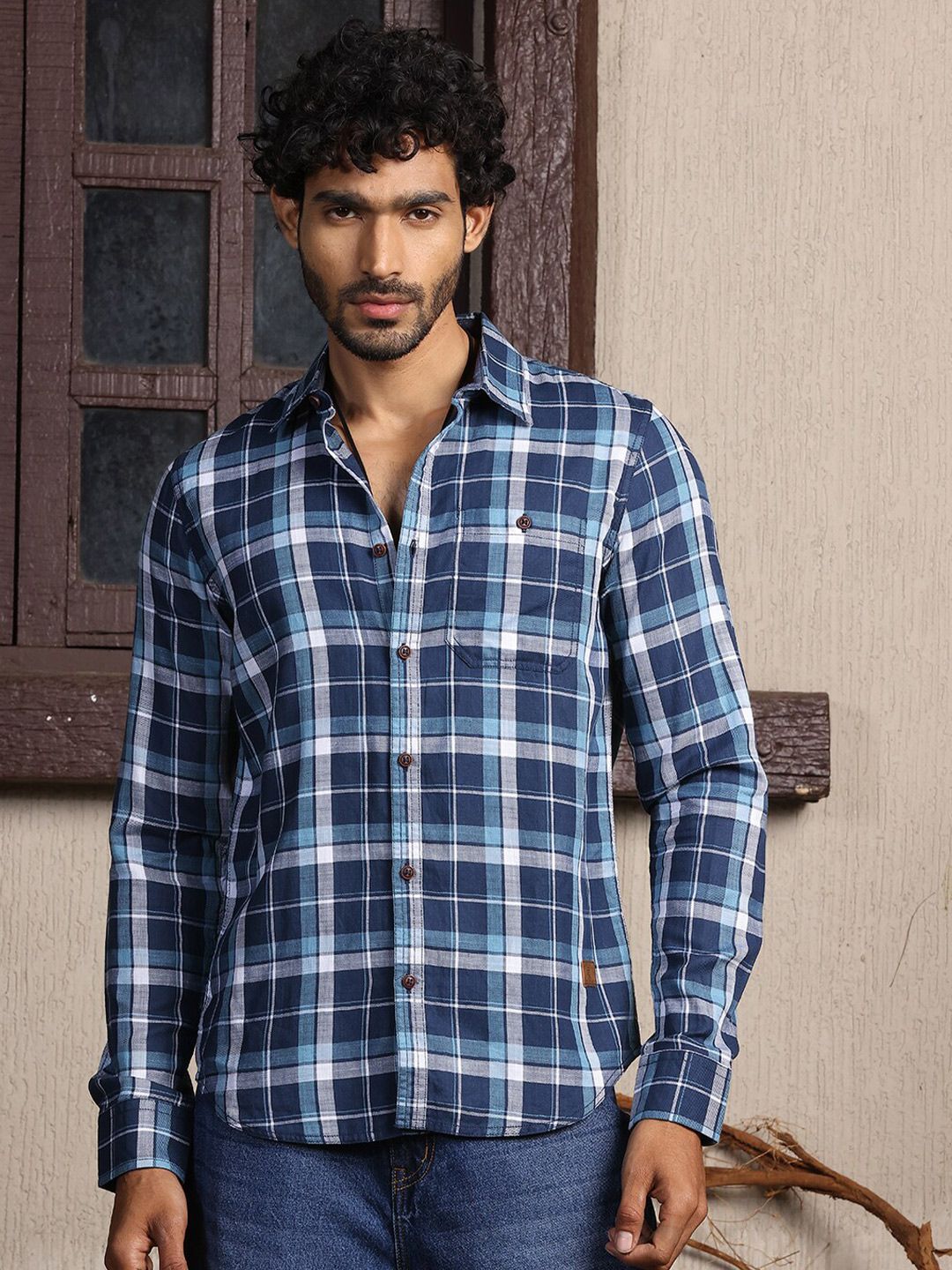 Thomas Scott Premium Slim Fit Tartan Checks Opaque Cotton Casual Shirt