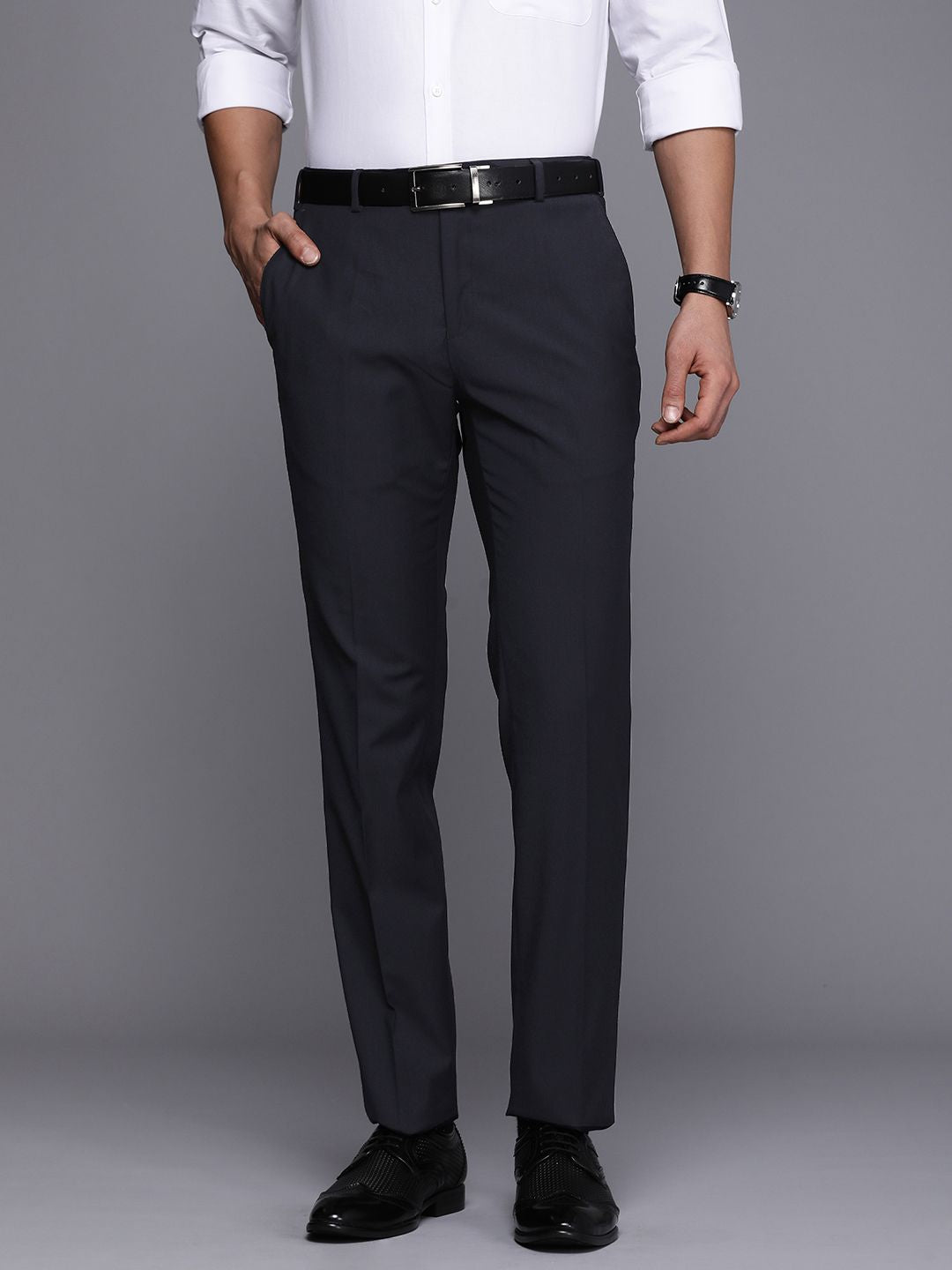 Raymond Men Solid Flat-Front Slim Fit Formal Trousers