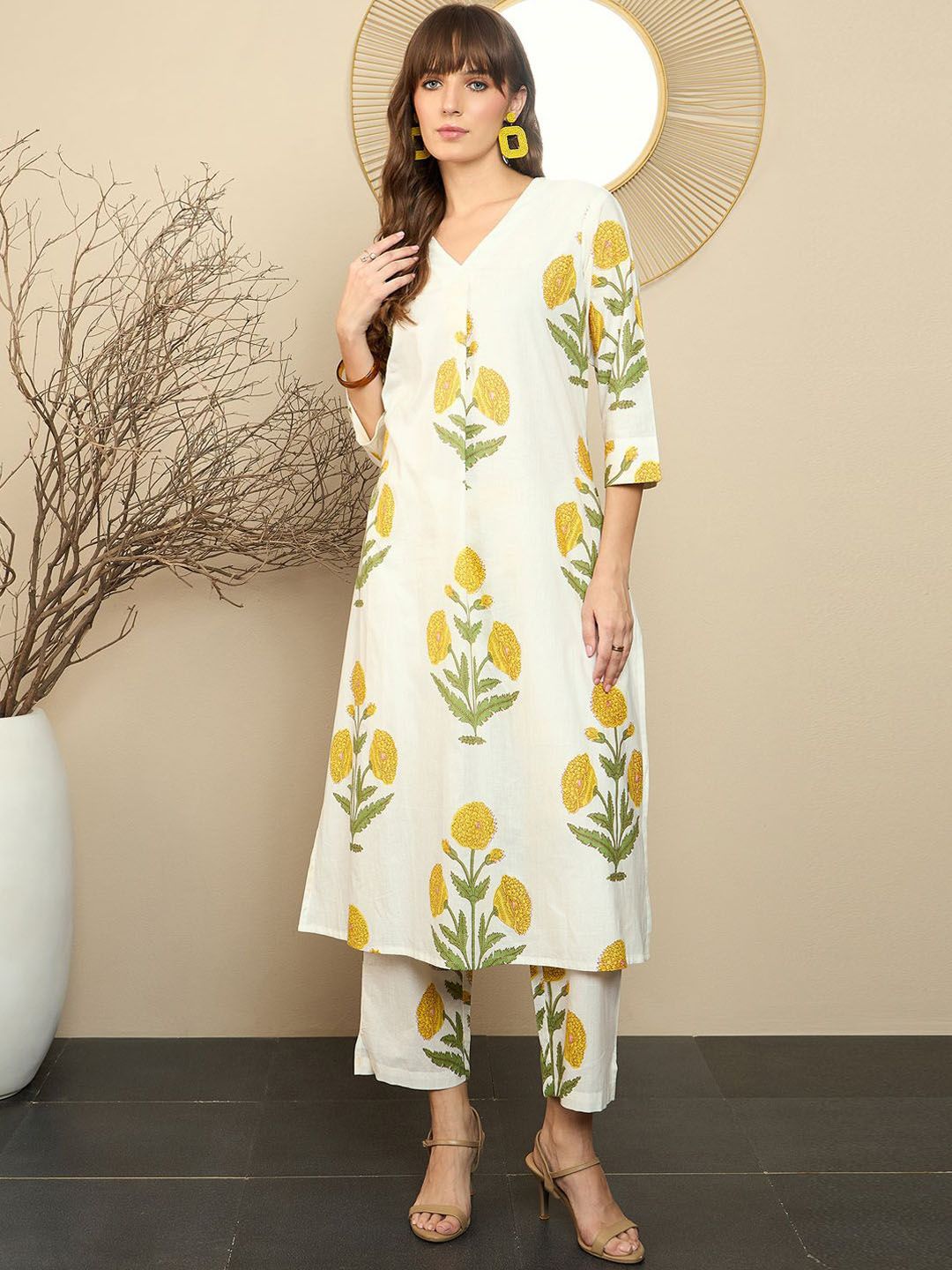 Indo Era Floral Printed Pure Cotton Straight Kurta With Trousers