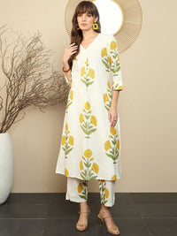 Indo Era Floral Printed Pure Cotton Straight Kurta With Trousers