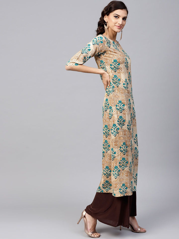 Gerua By Libas Women Beige  Teal Green Printed Straight Kurta