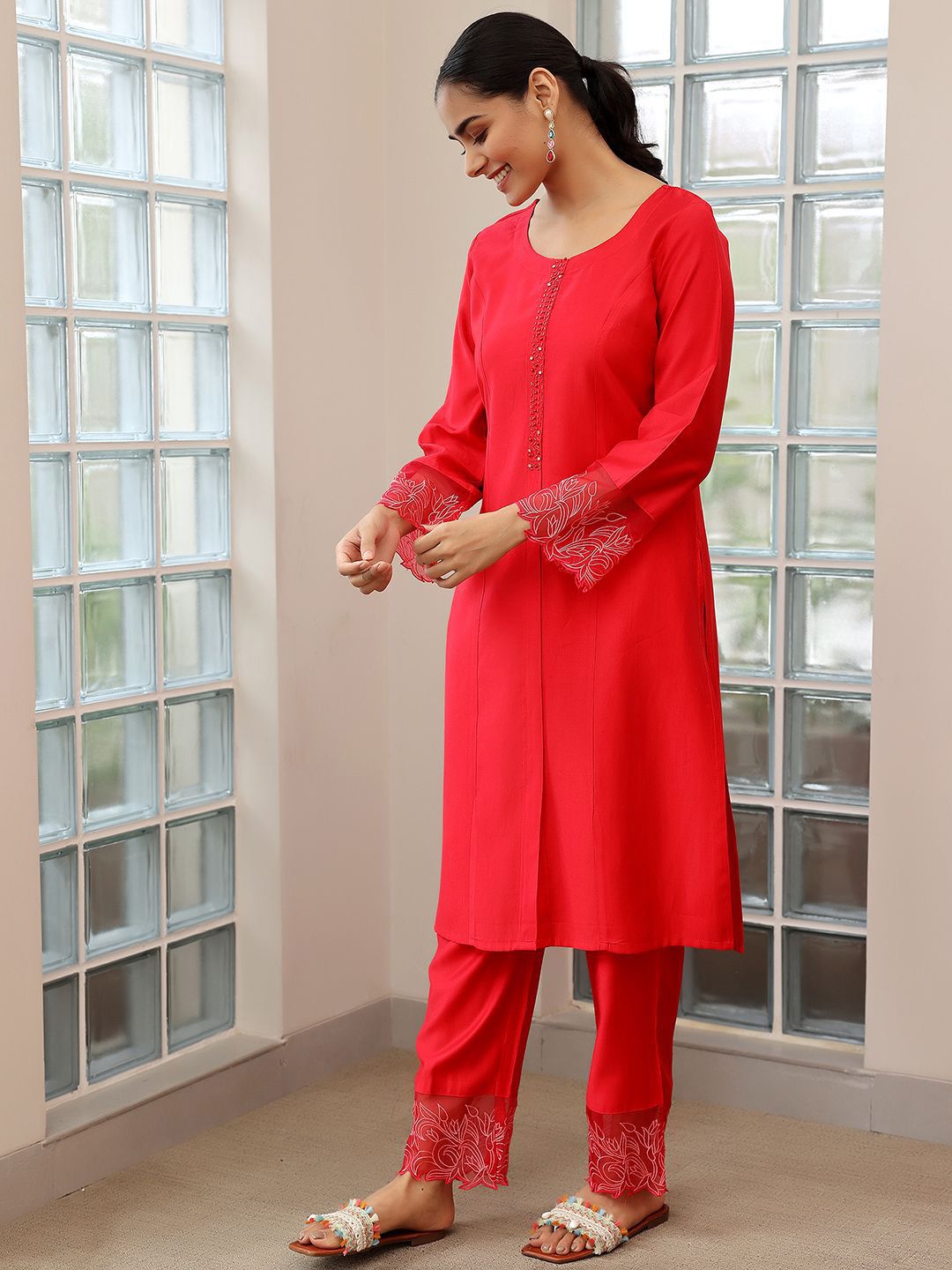 Libas Yoke Design Thread Work Straight Kurta with Trousers & Dupatta