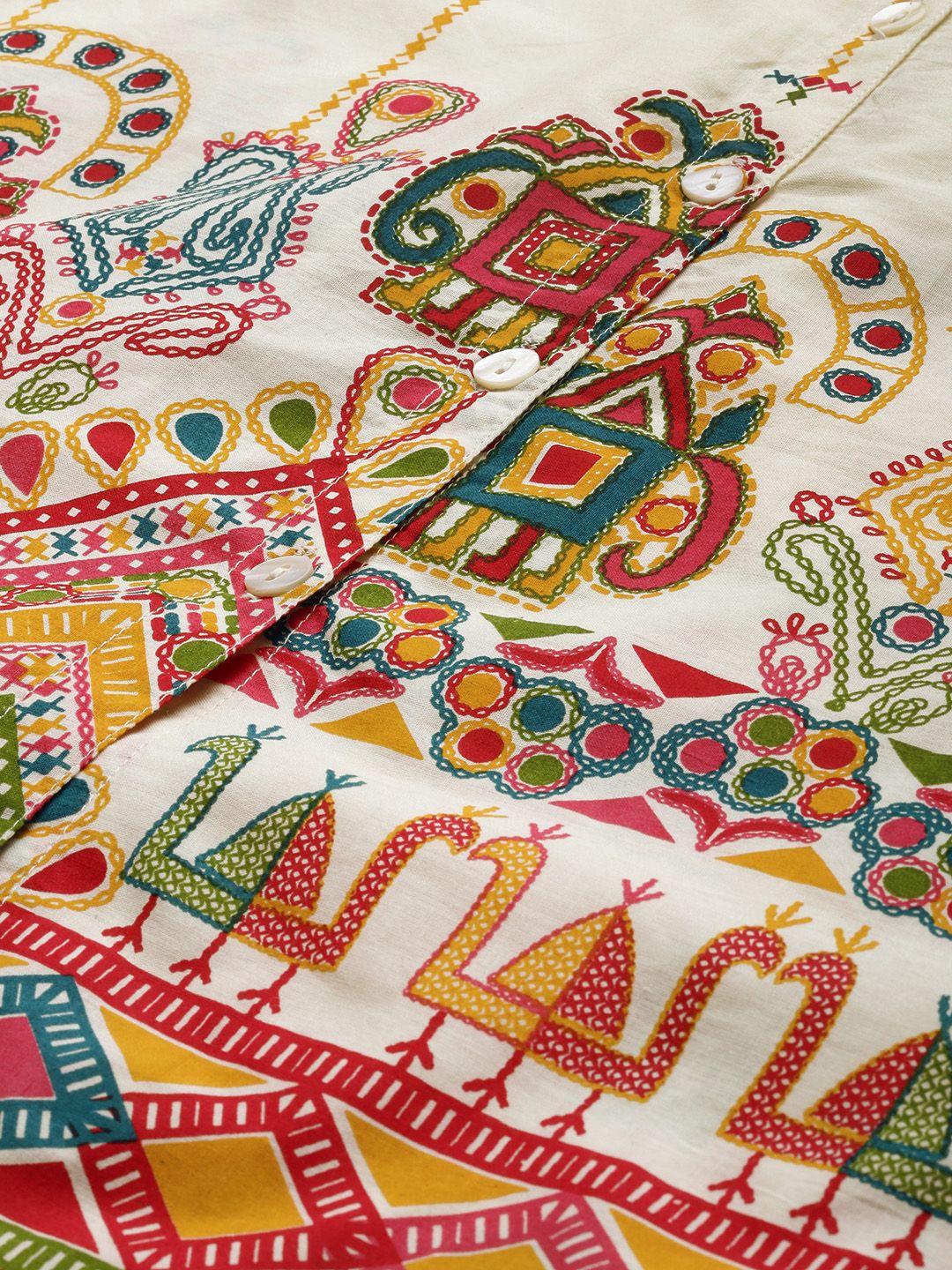 Anouk Beige & Red Antiviral Finish Ethnic Motifs Anti-Viral Pure Cotton Top