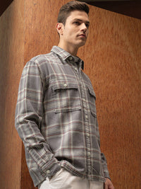 Locomotive Premium Men Grey Oversized Dobby Textured Checked Utility Pocket Overshirt
