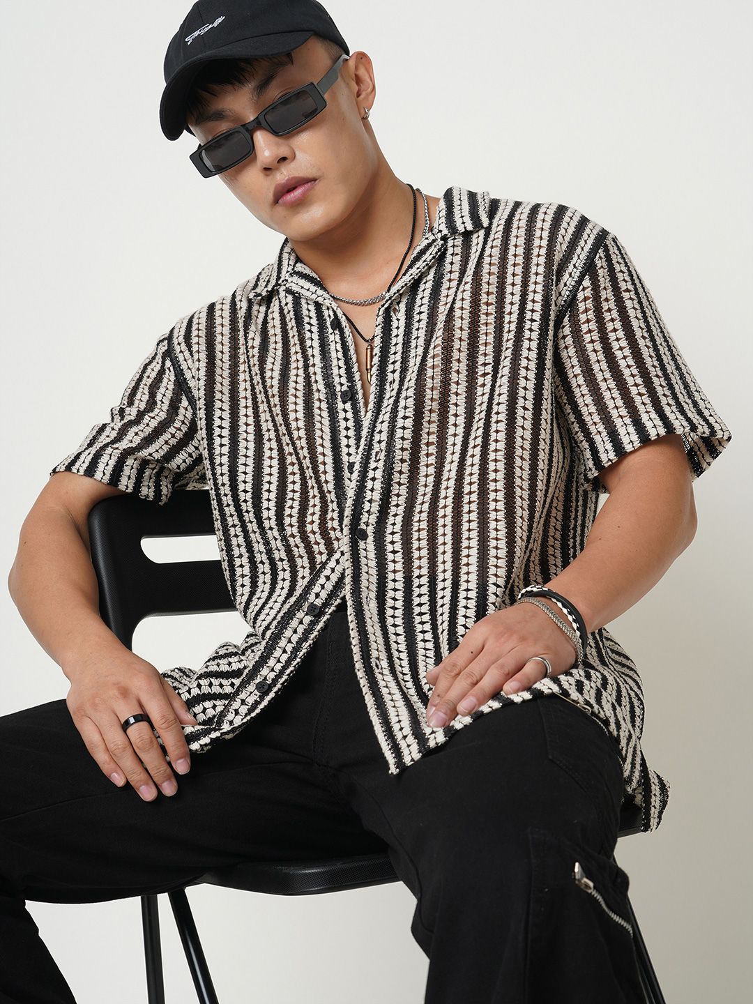 VASTRADO Men Classic Cuban Collar Multi Striped Pure Cotton Oversized Casual Shirt