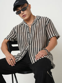 VASTRADO Men Classic Cuban Collar Multi Striped Pure Cotton Oversized Casual Shirt