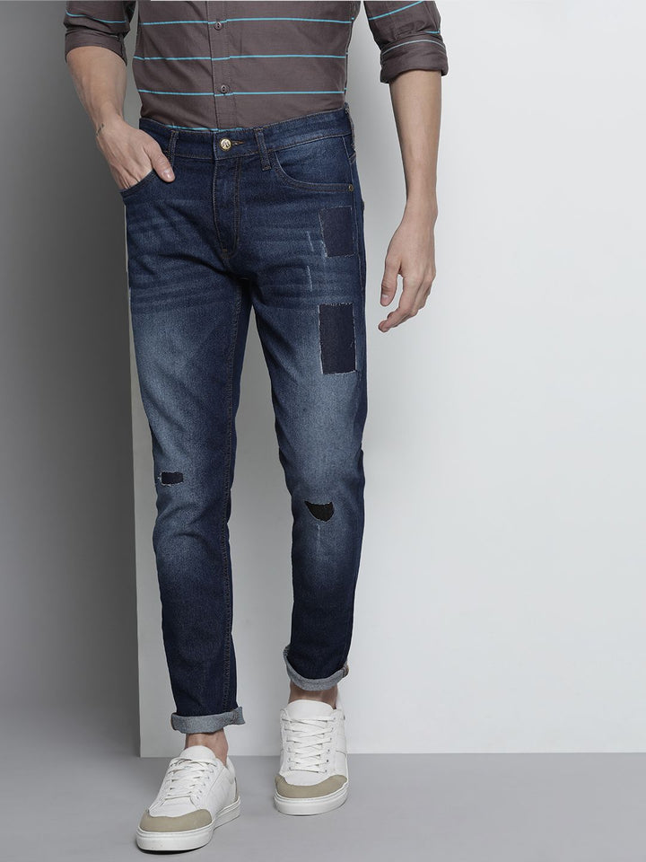 The Indian Garage Co Men Navy Blue Slim Fit Mildly Distressed Light Fade Stretchable Jeans