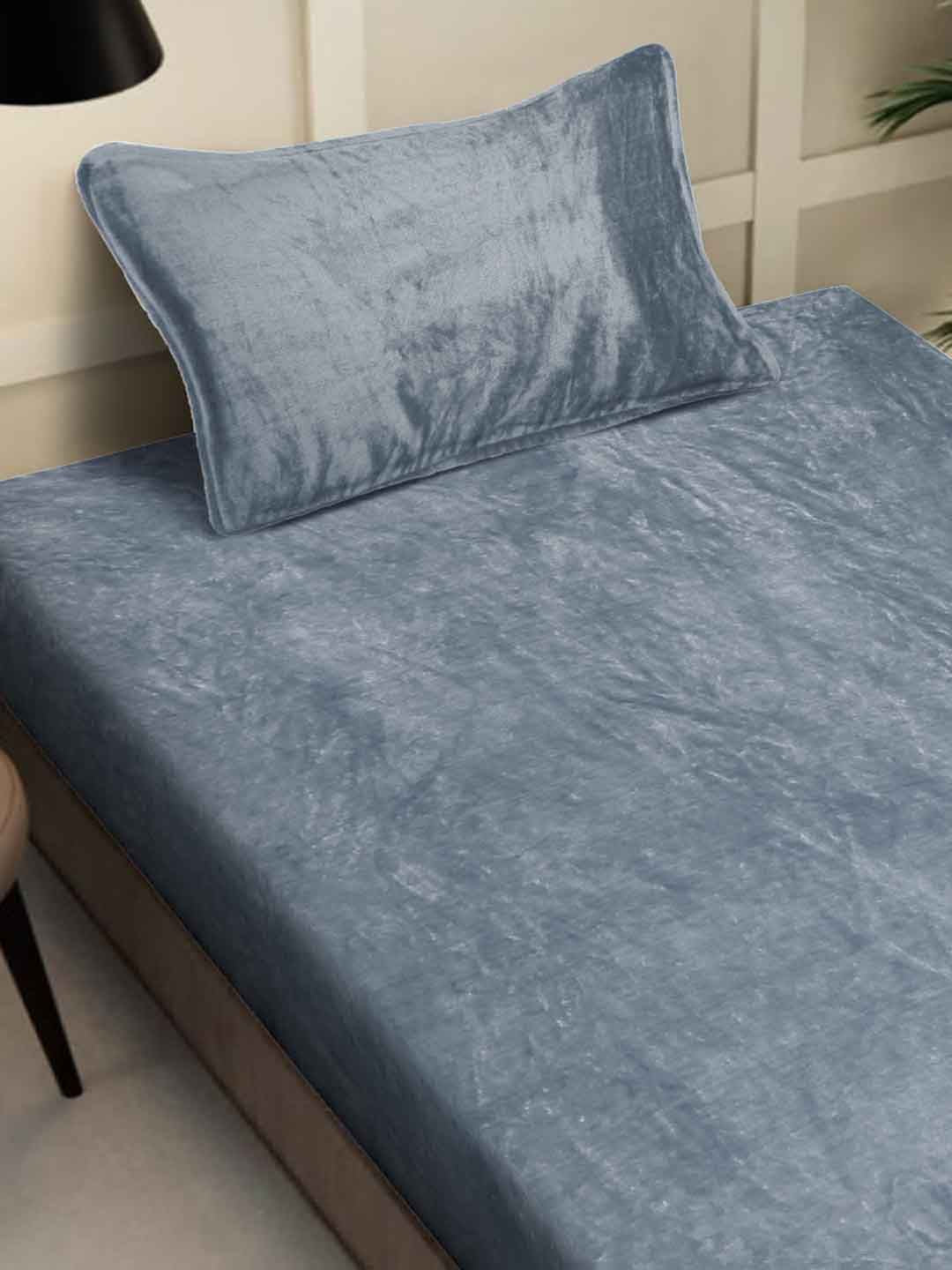 KLOTTHE Grey Woollen 300TC Single Bedsheet With Pillow Cover