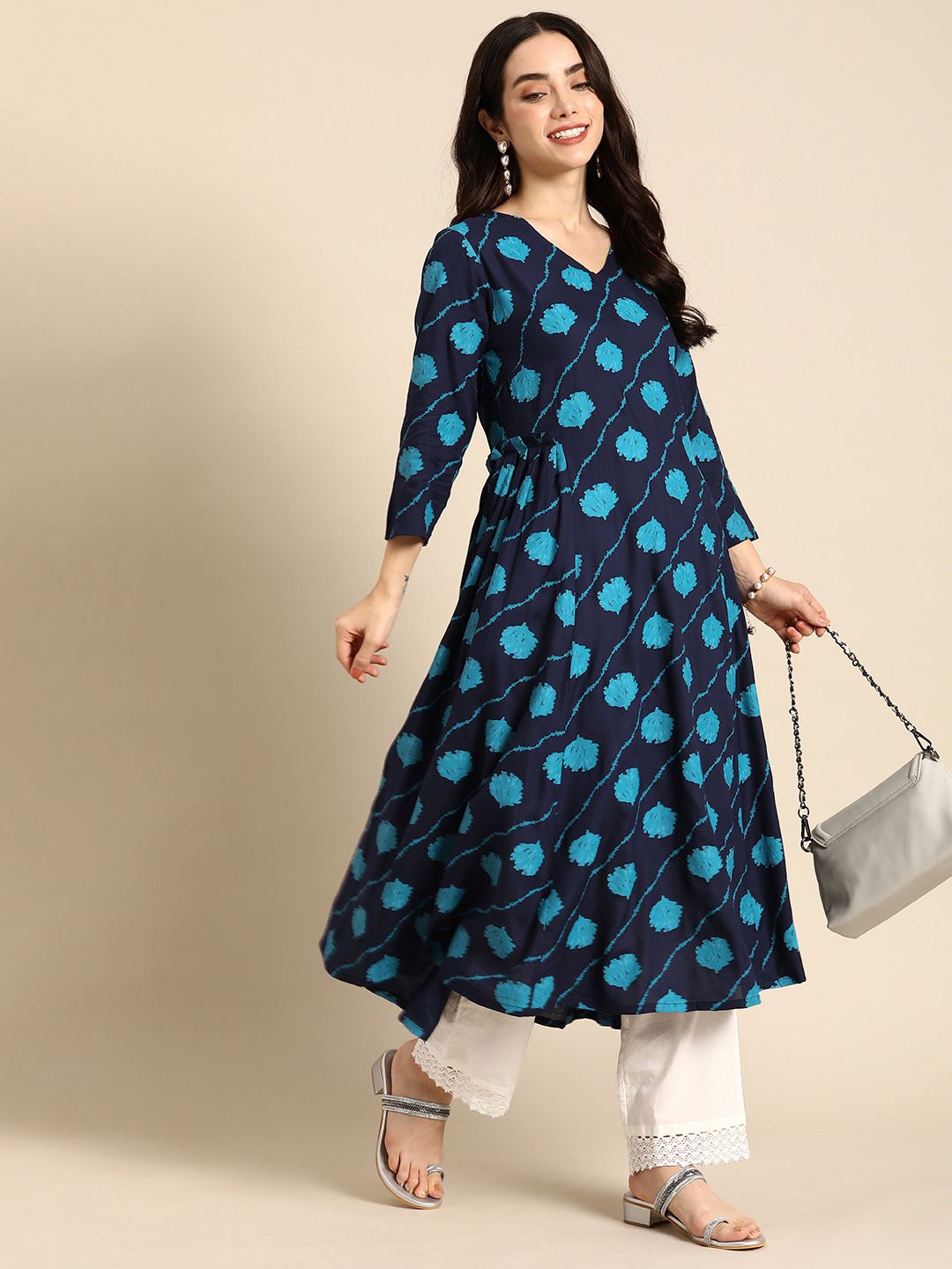Anouk Floral Printed V-Neck A-Line Kurta